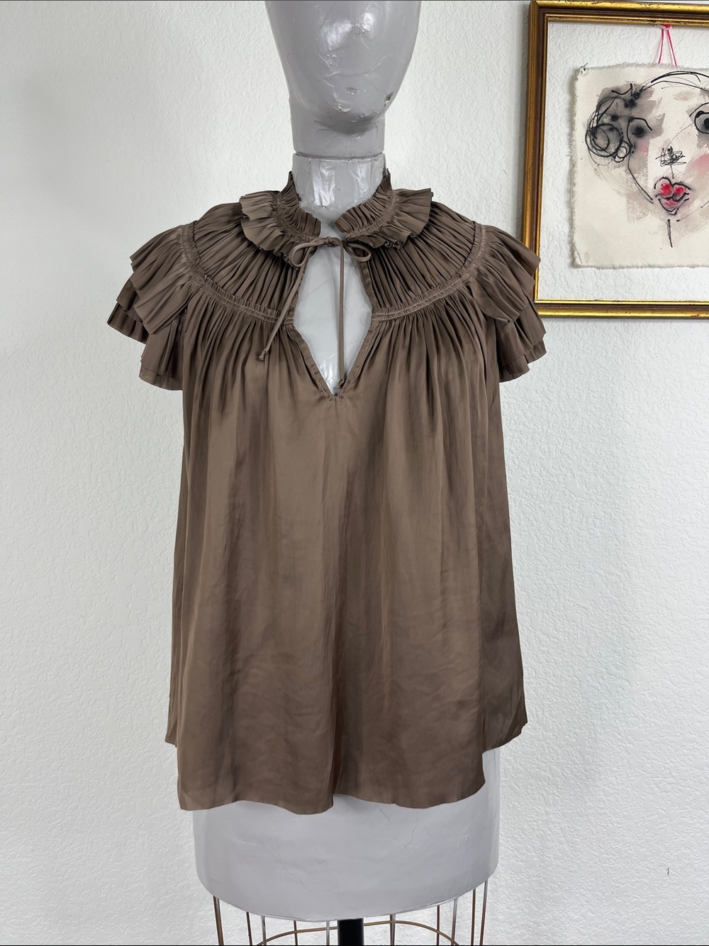 Ulla Johnson Liv Top in Mica Pleated Peasant Ruffle Tie Front Cap Sleeve